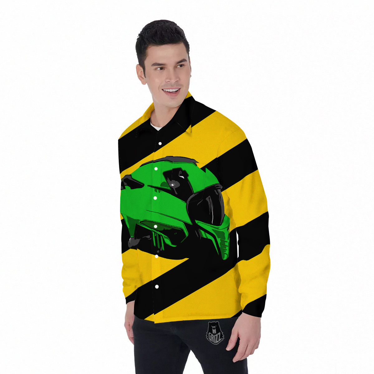 Yellow And Green Helmet Print Men's Long Sleeve Shirts-grizzshop
