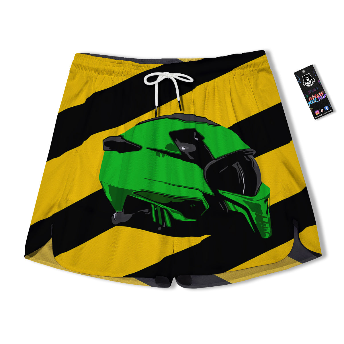 Yellow And Green Helmet Print Men's Running Shorts-grizzshop