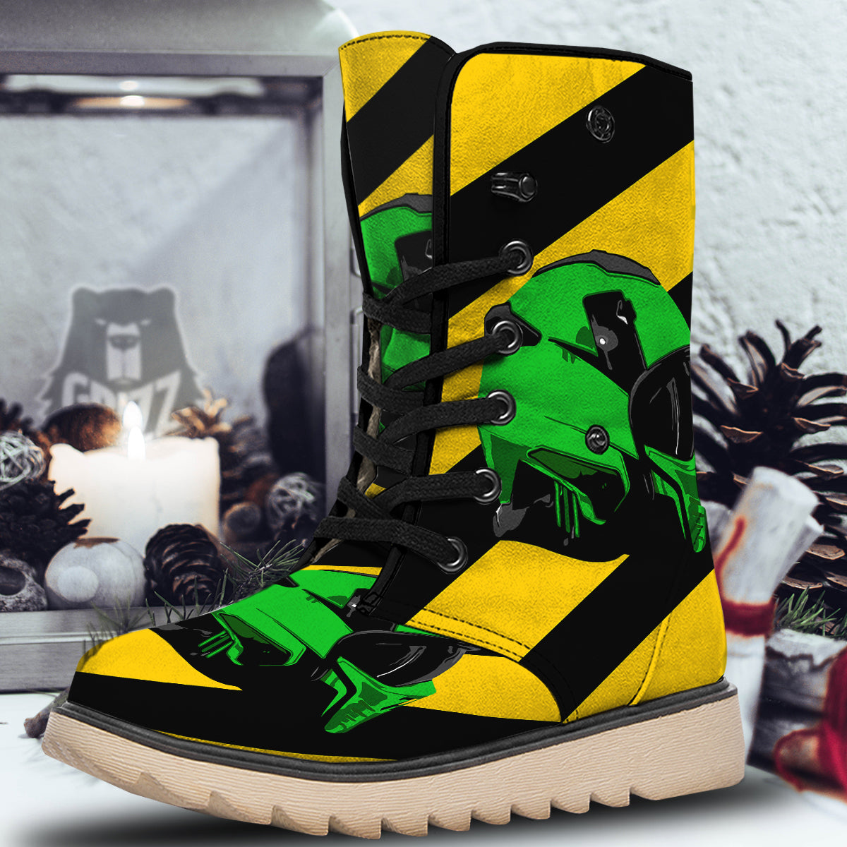 Yellow And Green Helmet Print Snow Boots-grizzshop
