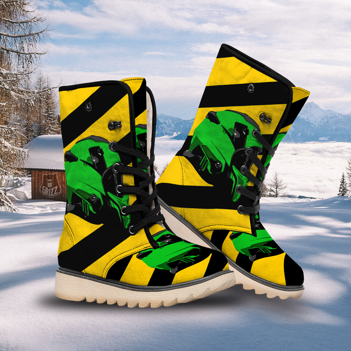 Yellow And Green Helmet Print Snow Boots-grizzshop