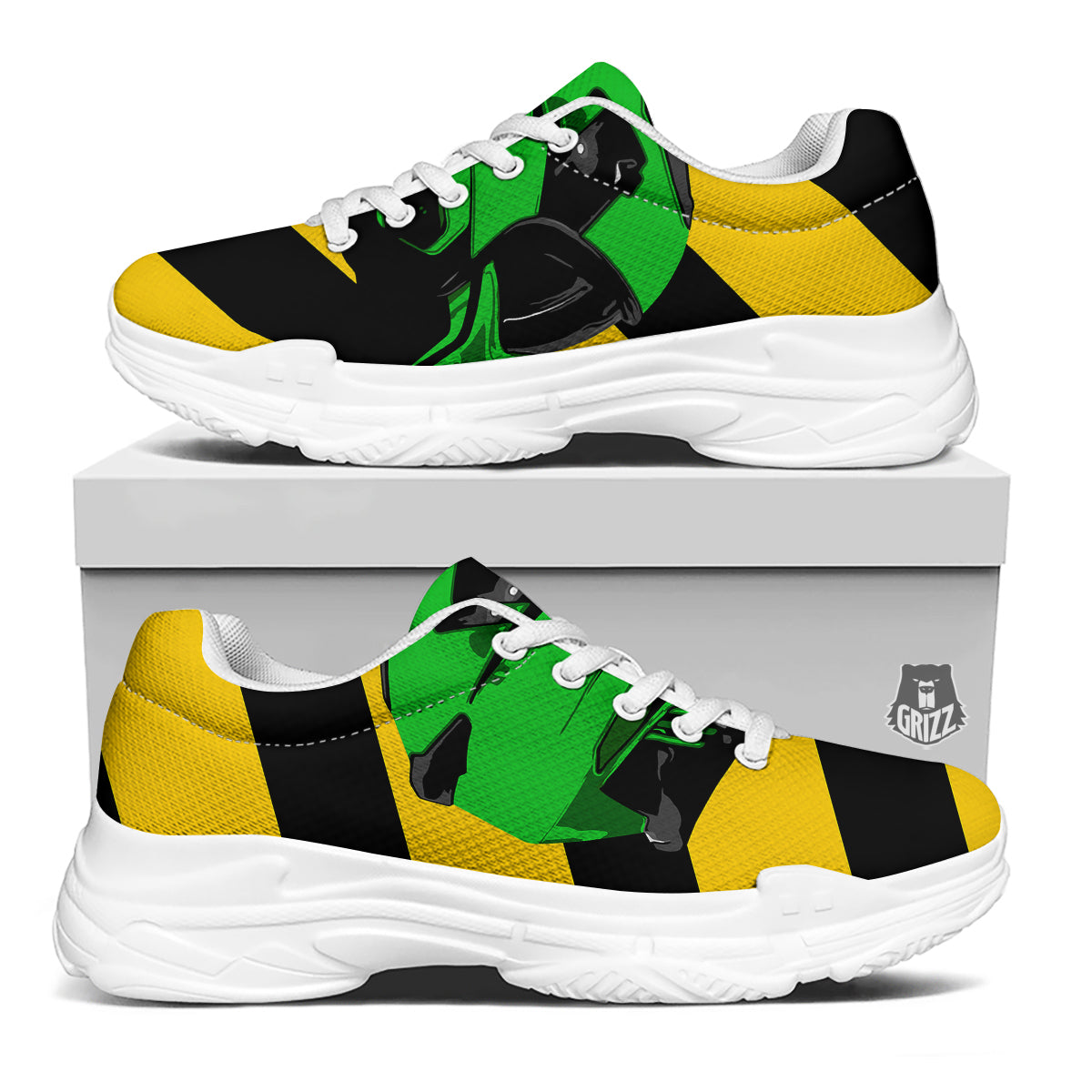 Yellow And Green Helmet Print White Chunky Shoes-grizzshop