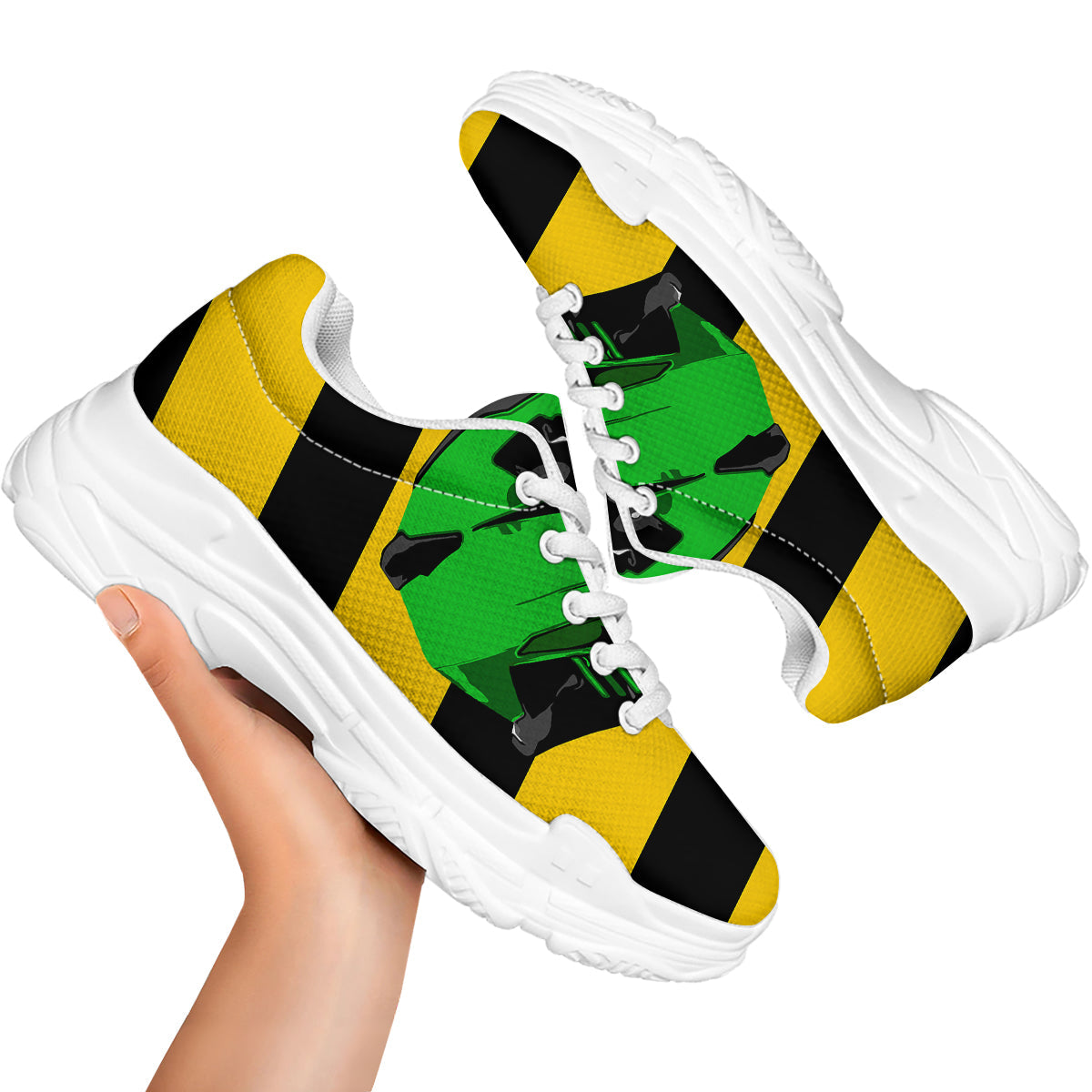 Yellow And Green Helmet Print White Chunky Shoes-grizzshop