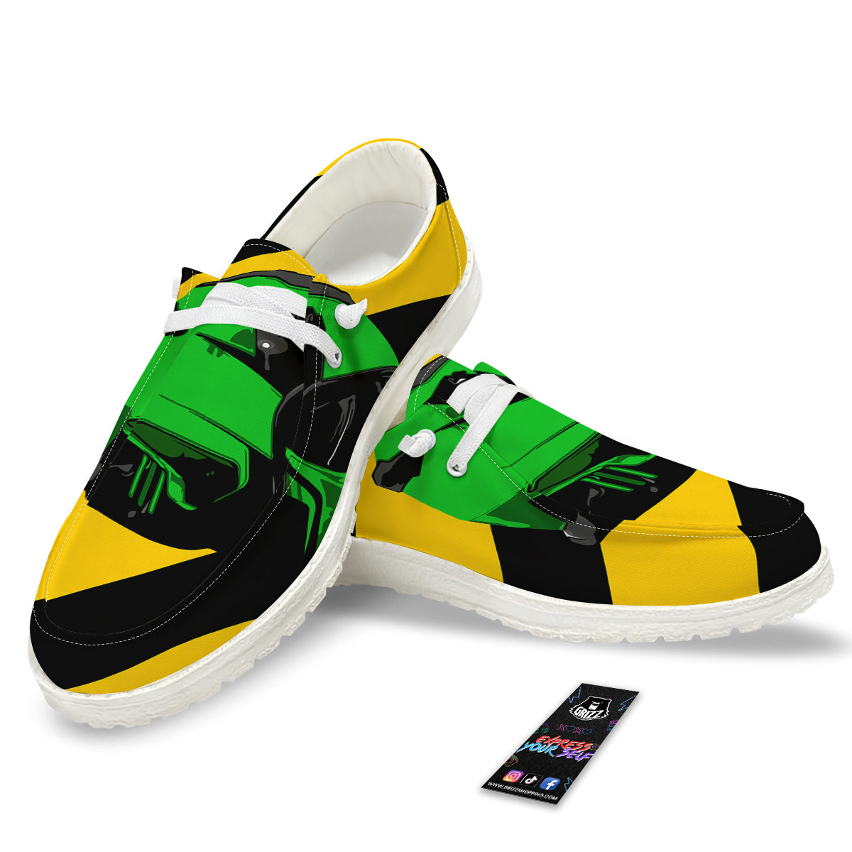 Yellow And Green Helmet Print White Loafers-grizzshop