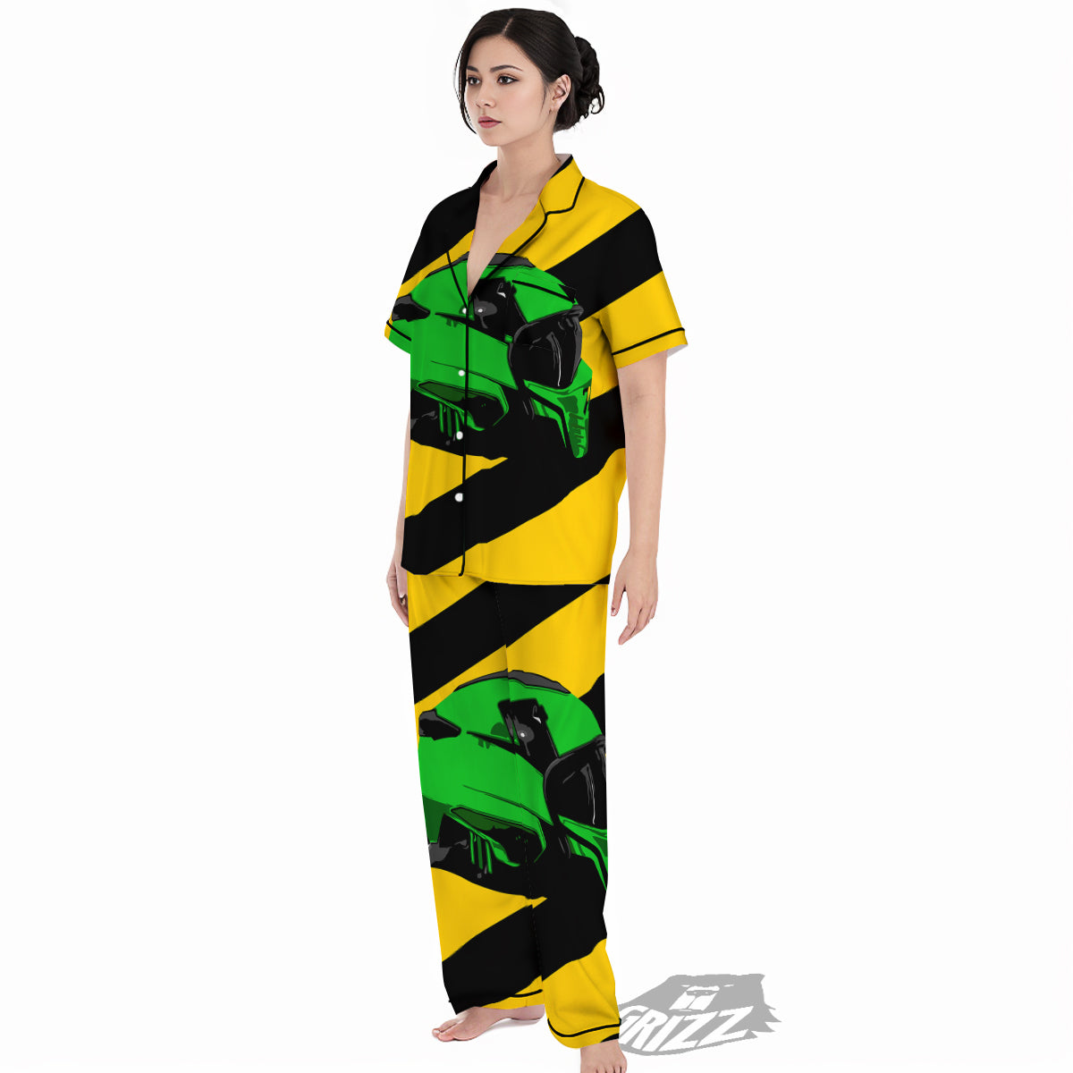 Yellow And Green Helmet Print Women's Pajamas Set-grizzshop
