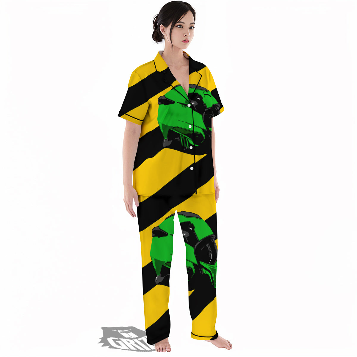 Yellow And Green Helmet Print Women's Pajamas Set-grizzshop