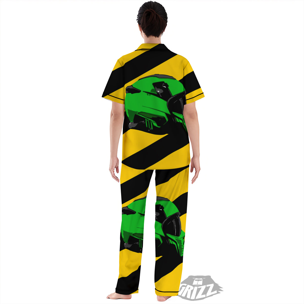 Yellow And Green Helmet Print Women's Pajamas Set-grizzshop