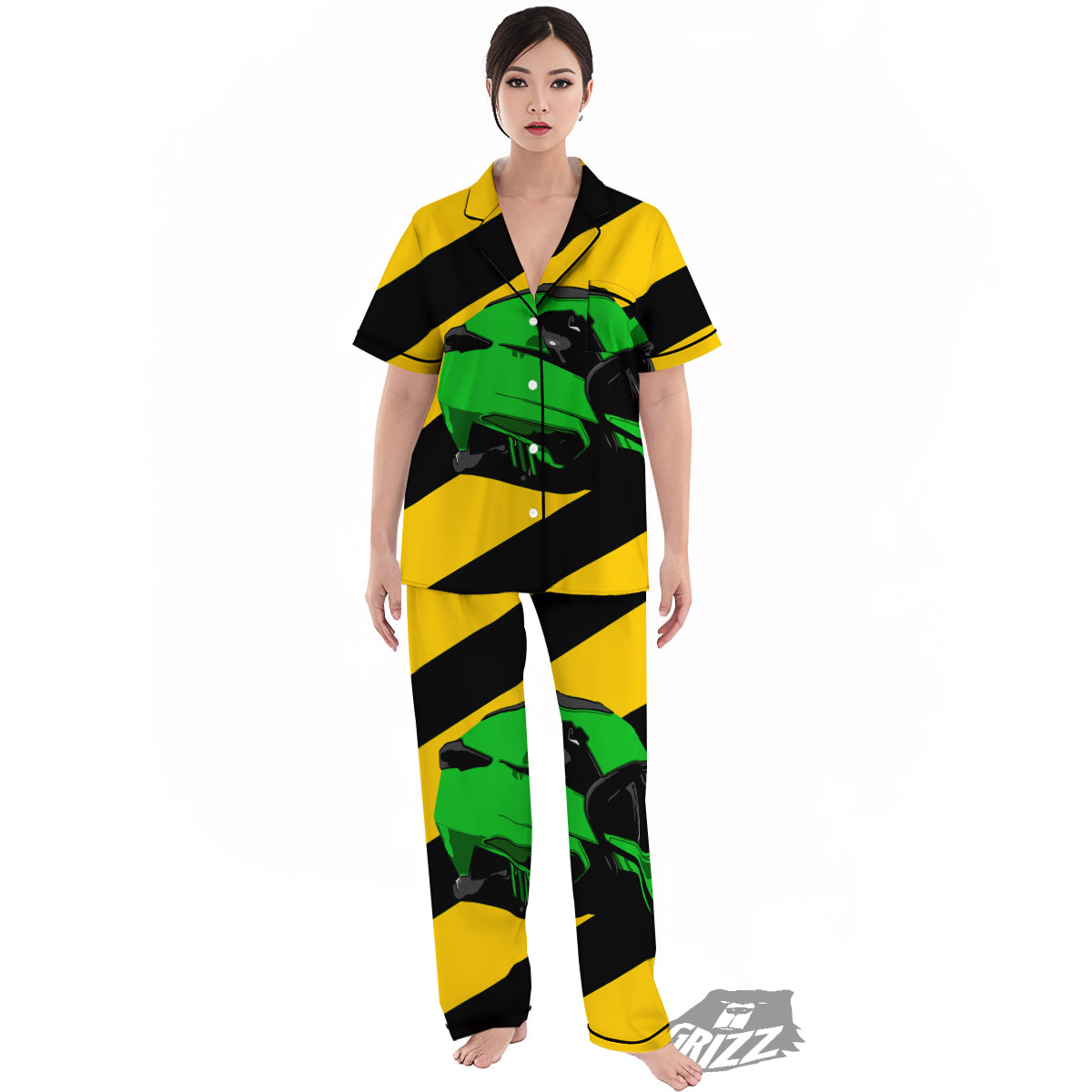 Yellow And Green Helmet Print Women's Pajamas Set-grizzshop