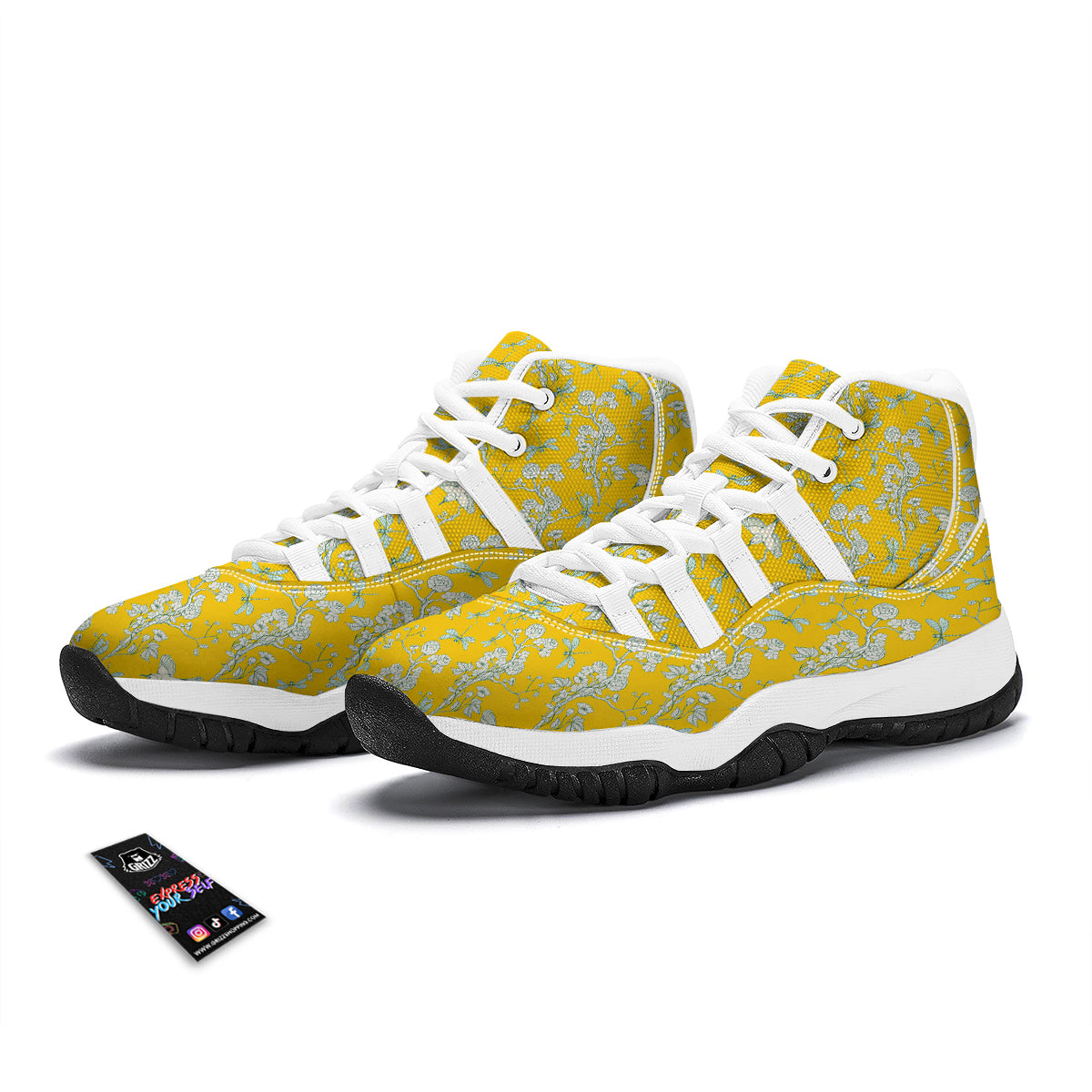 Yellow And White Chinoiserie Print Pattern White Bball Shoes-grizzshop