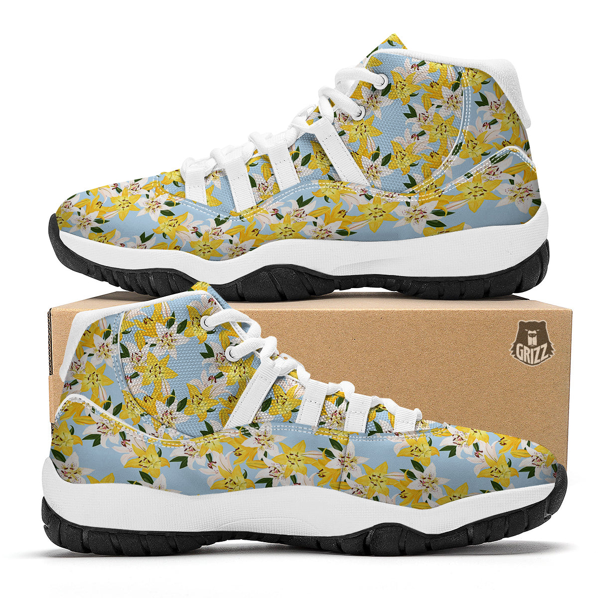 Yellow And White Lily Exotic Print Pattern White Bball Shoes-grizzshop