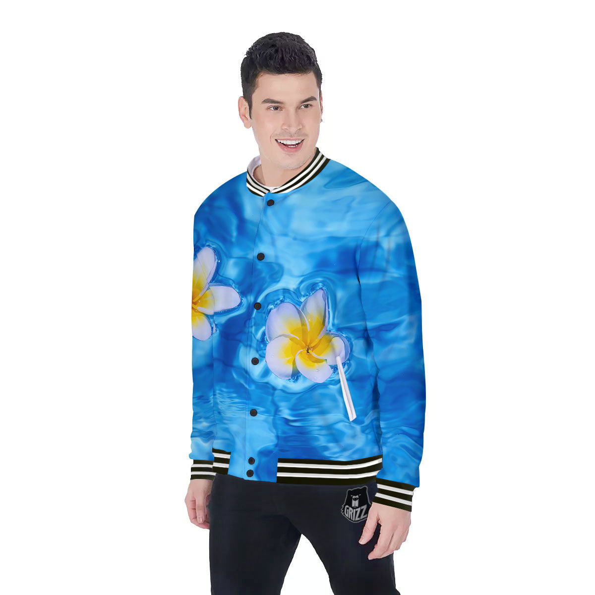Yellow And White Plumeria In Water Print Baseball Jacket-grizzshop