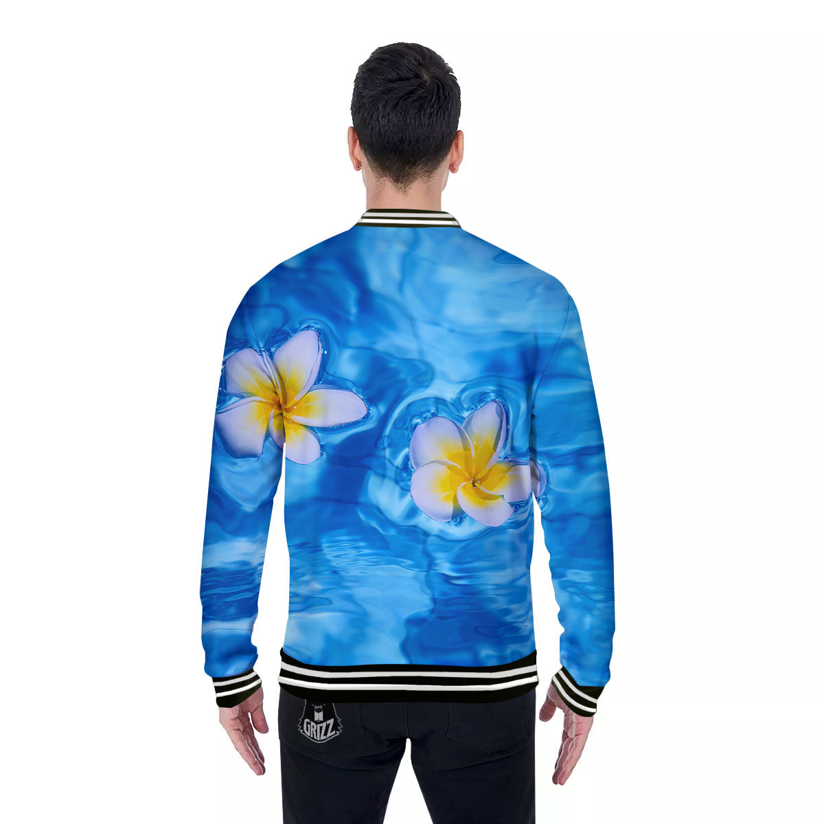 Yellow And White Plumeria In Water Print Baseball Jacket-grizzshop