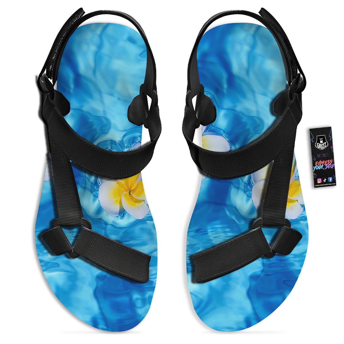 Yellow And White Plumeria In Water Print Black Open Toe Sandals-grizzshop