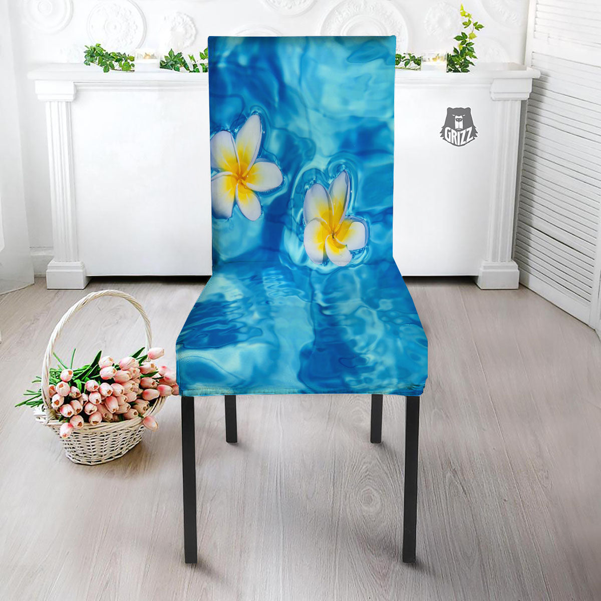 Yellow And White Plumeria In Water Print Dining Chair Slipcover-grizzshop