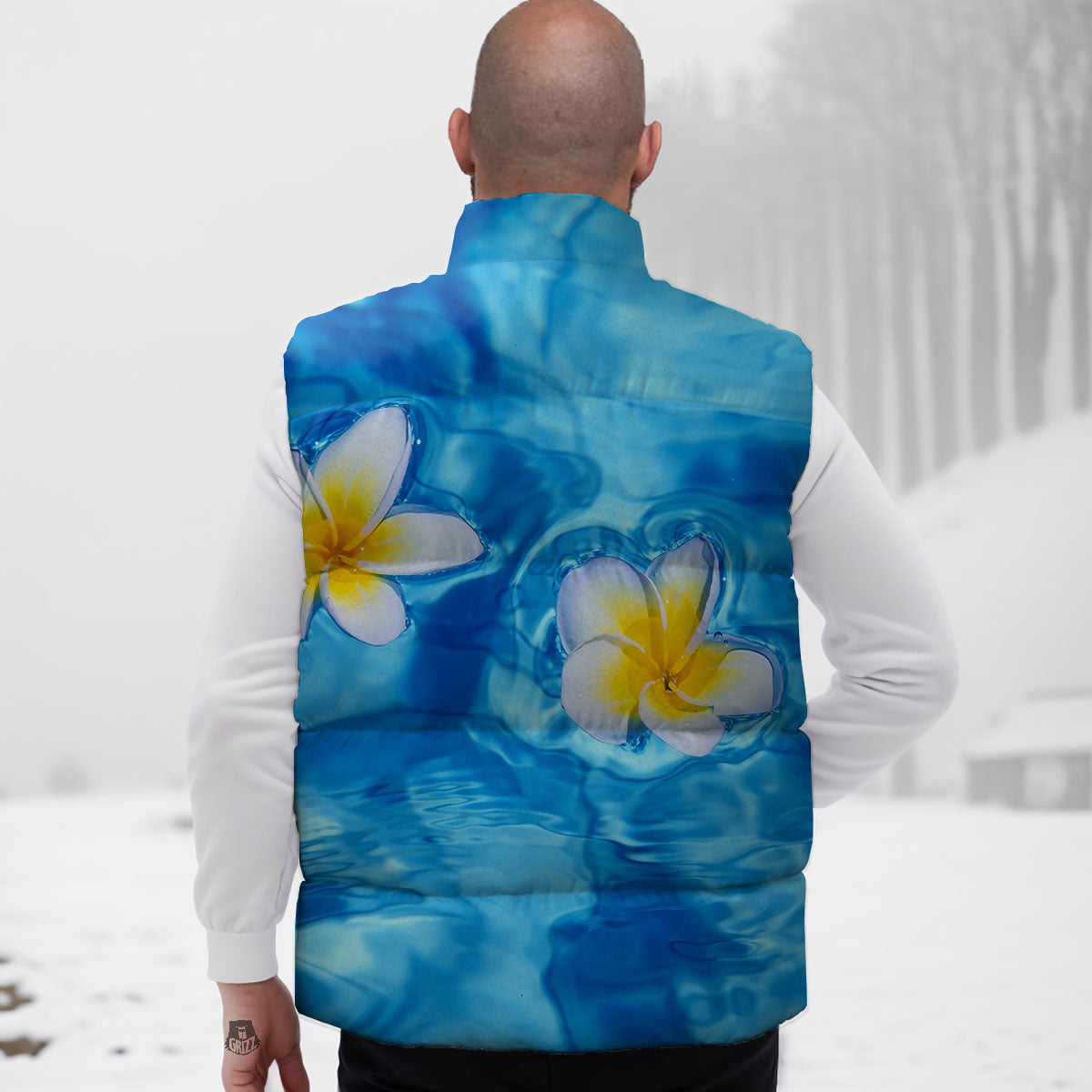 Yellow And White Plumeria In Water Print Down Vest