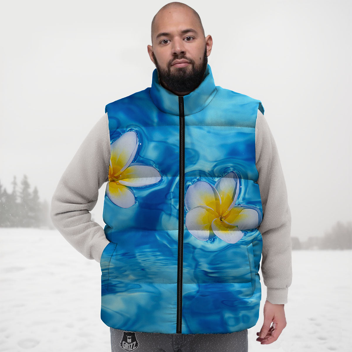 Yellow And White Plumeria In Water Print Down Vest
