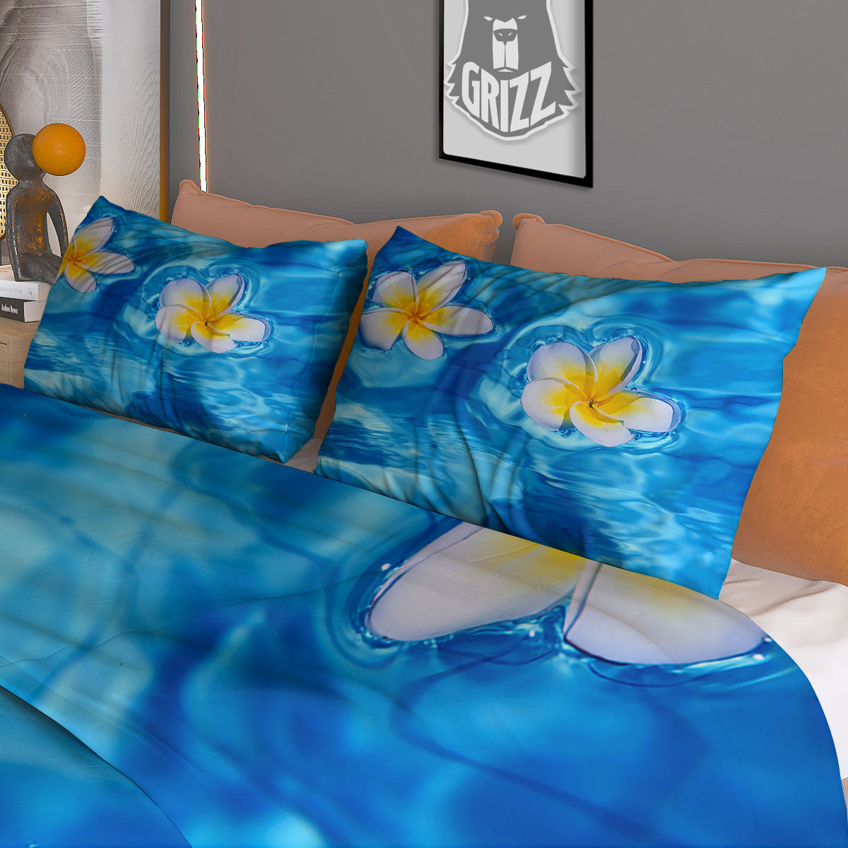 Yellow And White Plumeria In Water Print Duvet Cover Bedding Set