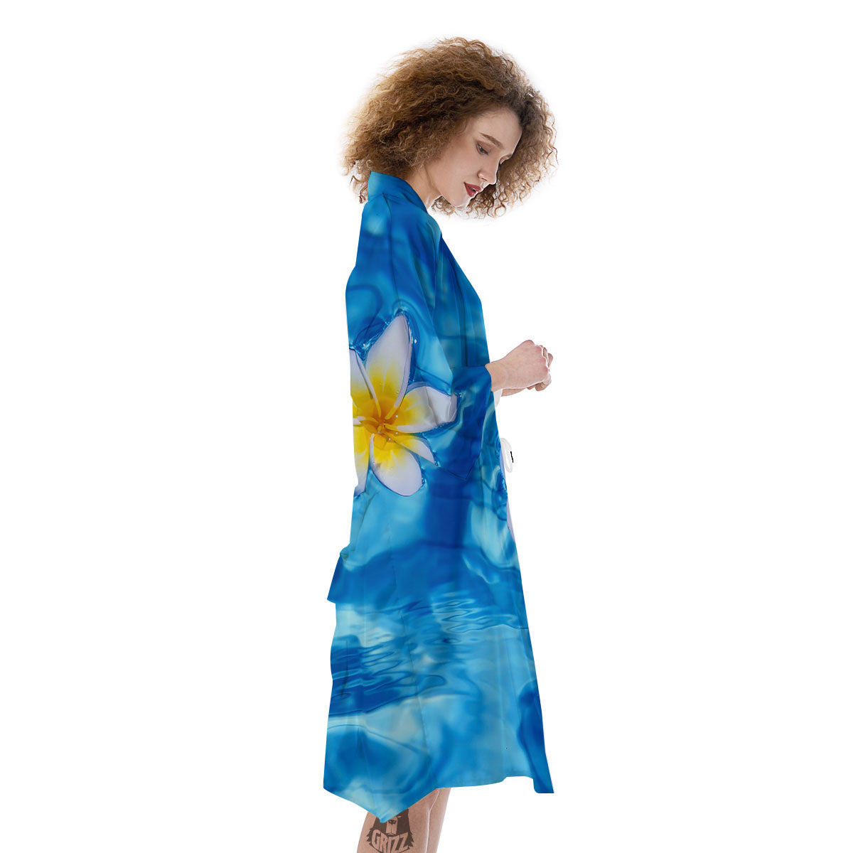 Yellow And White Plumeria In Water Print Kimono-grizzshop