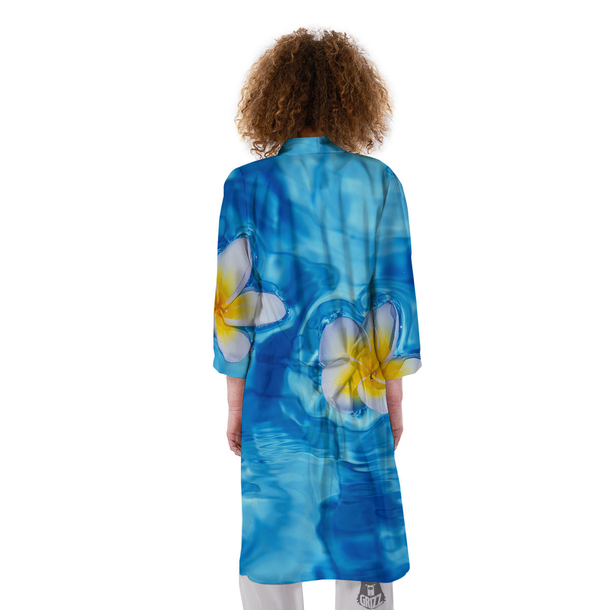 Yellow And White Plumeria In Water Print Kimono-grizzshop