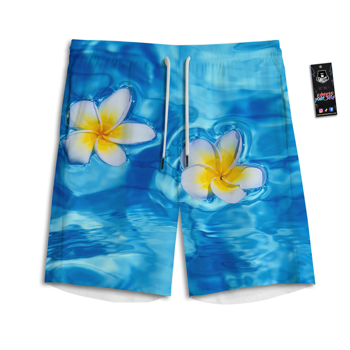 Yellow And White Plumeria In Water Print Men's Athletic Shorts