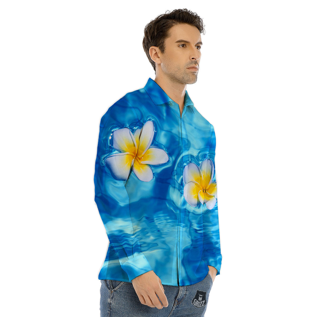 Yellow And White Plumeria In Water Print Men's Dress Shirts-grizzshop