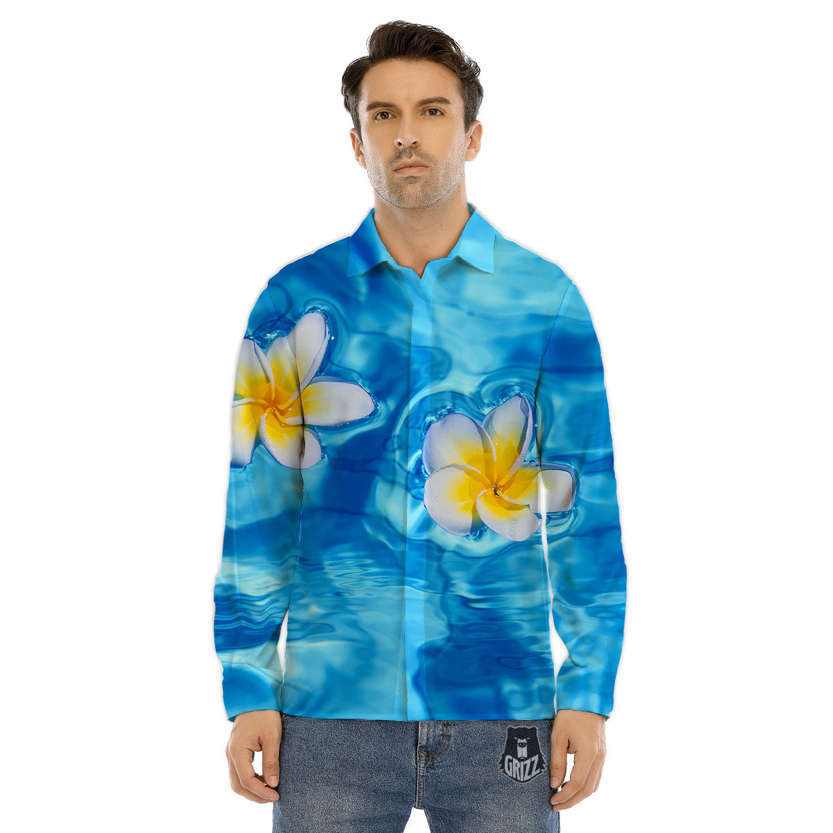 Yellow And White Plumeria In Water Print Men's Dress Shirts-grizzshop