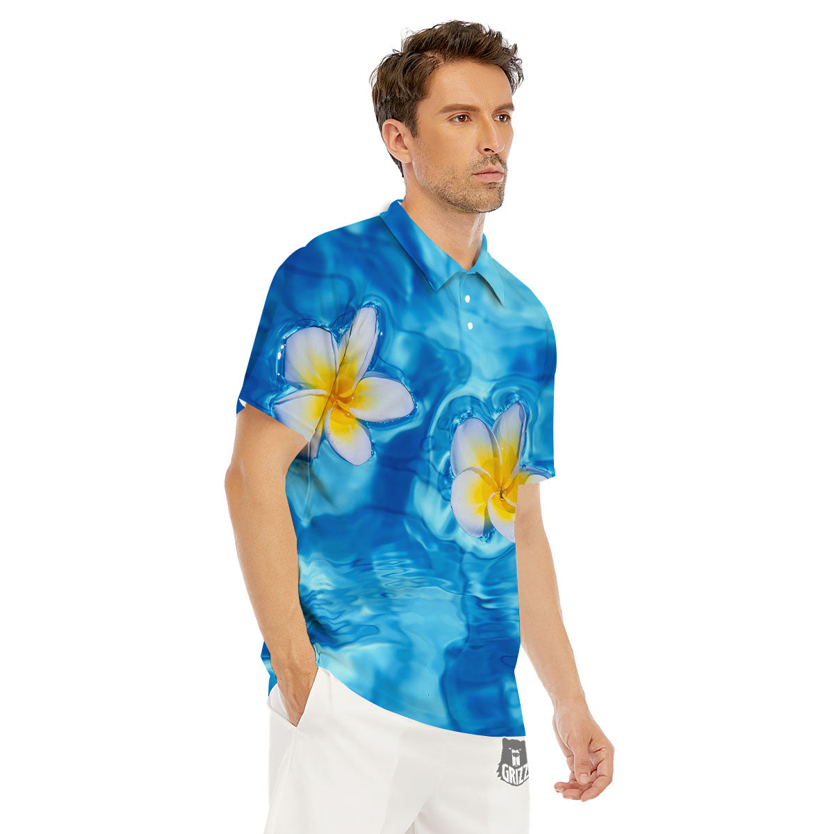 Yellow And White Plumeria In Water Print Men's Golf Shirts-grizzshop