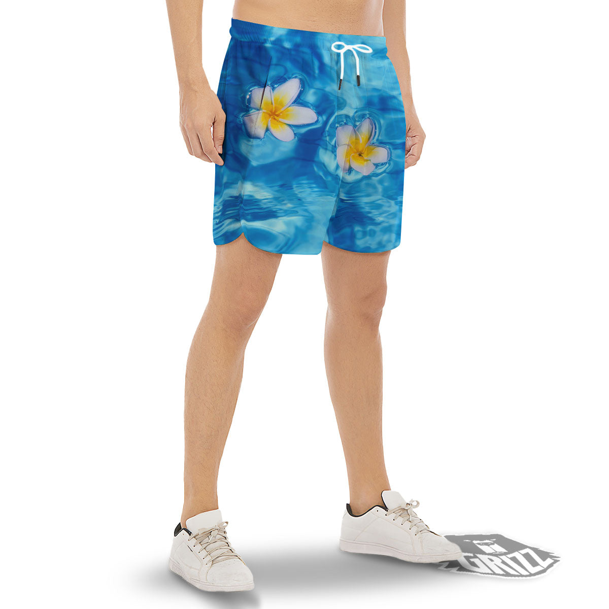 Yellow And White Plumeria In Water Print Men's Gym Shorts-grizzshop