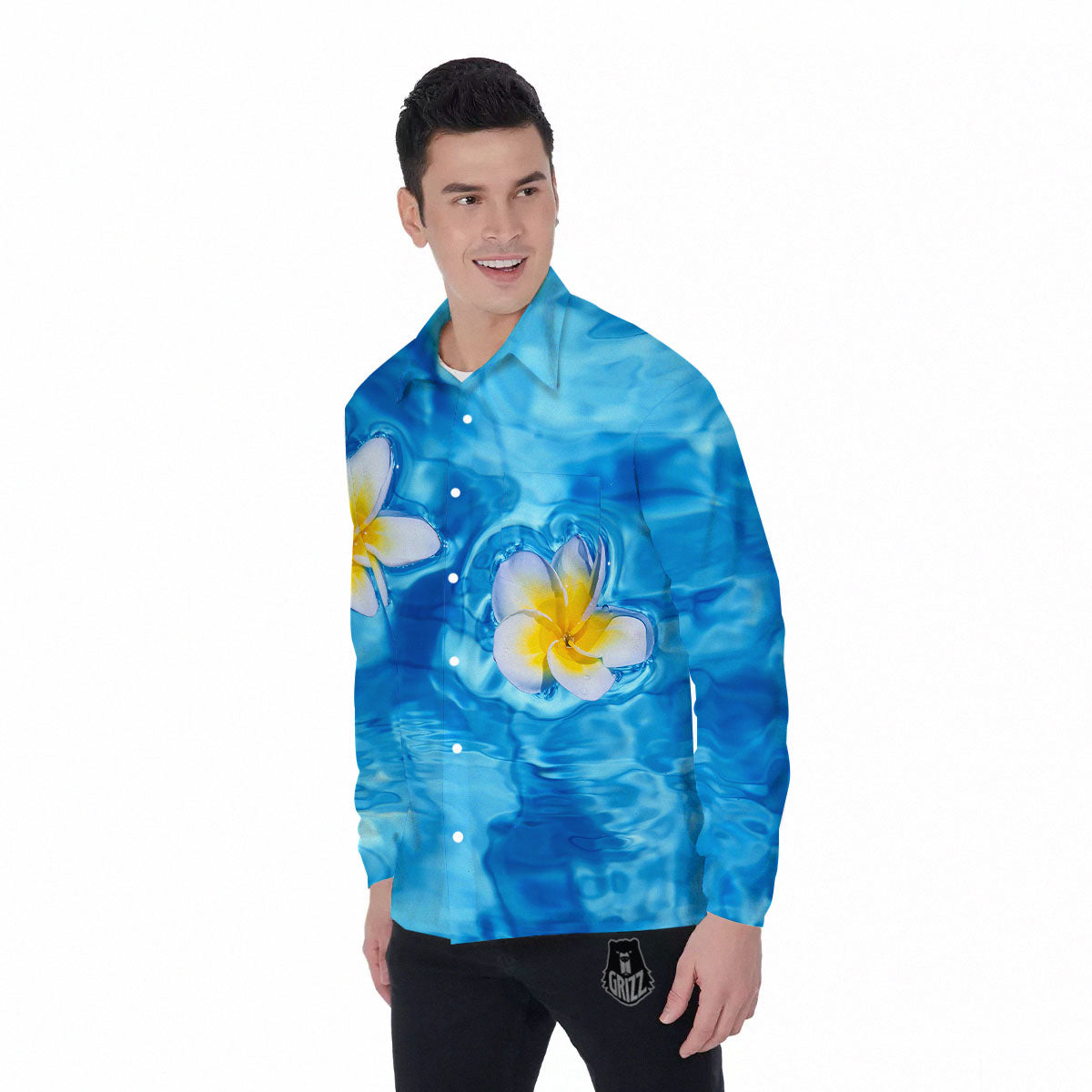 Yellow And White Plumeria In Water Print Men's Long Sleeve Shirts-grizzshop