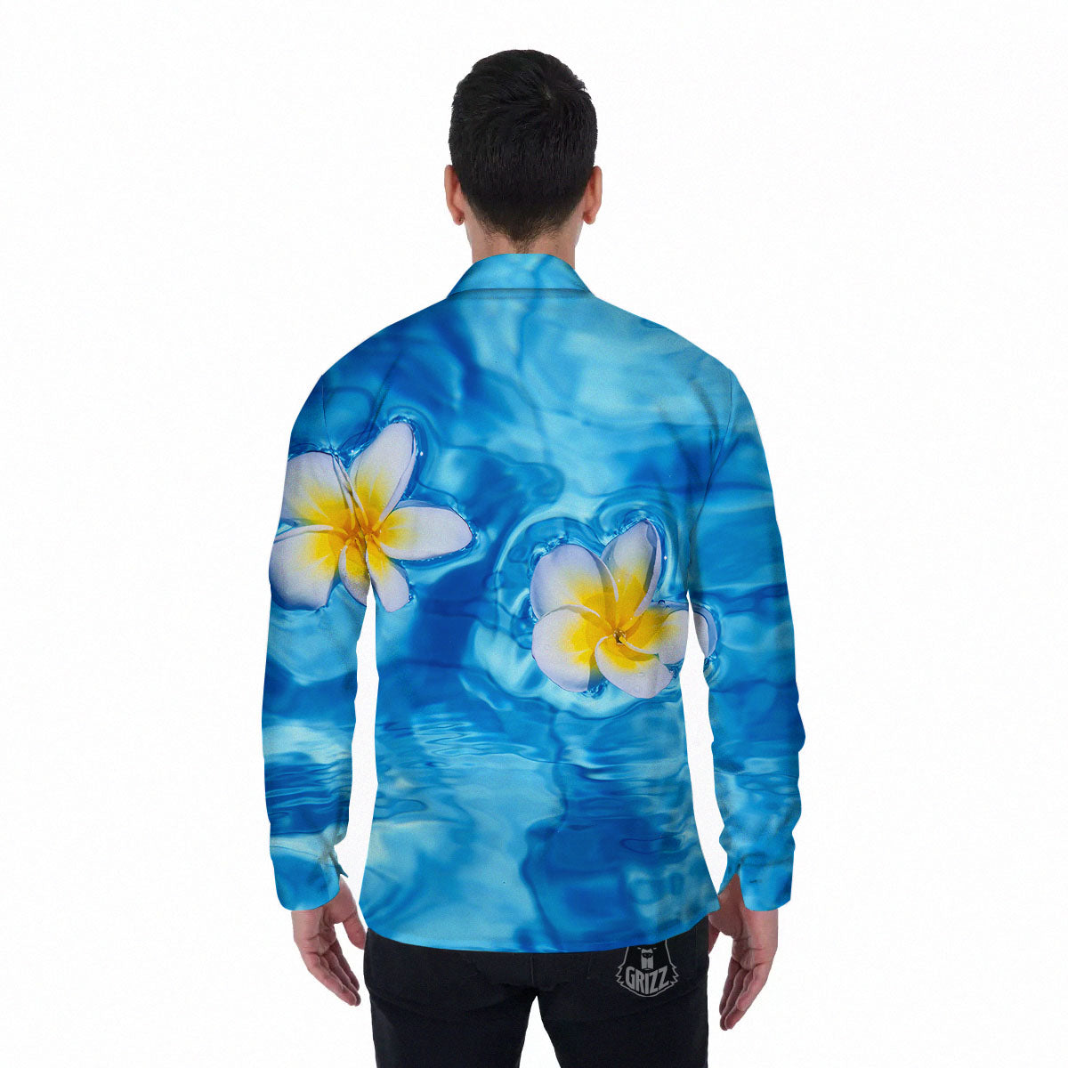 Yellow And White Plumeria In Water Print Men's Long Sleeve Shirts-grizzshop
