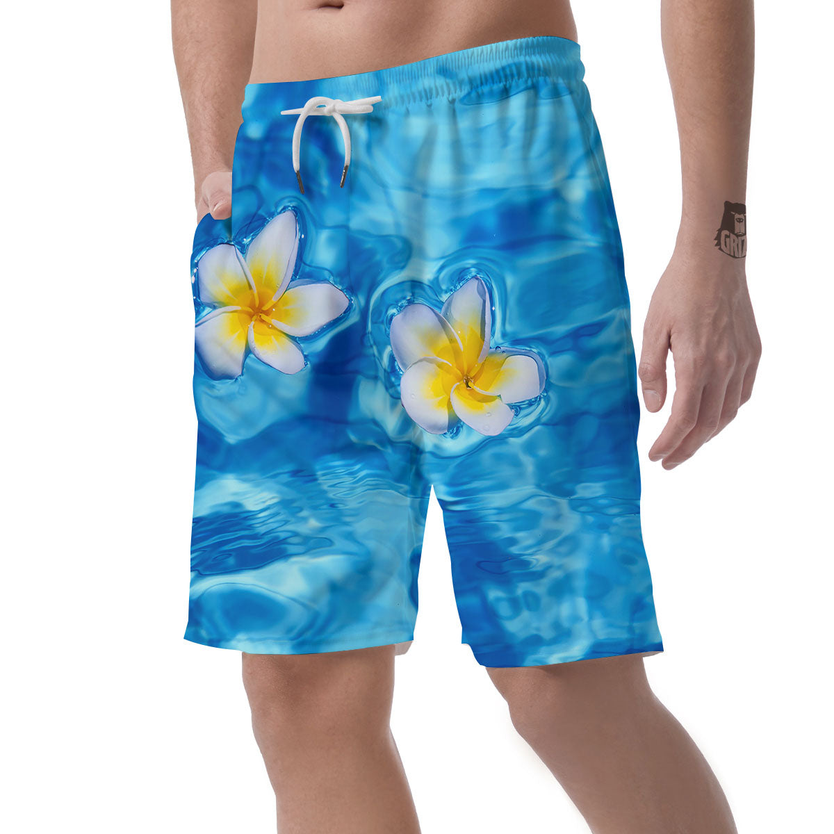 Yellow And White Plumeria In Water Print Men's Shorts-grizzshop
