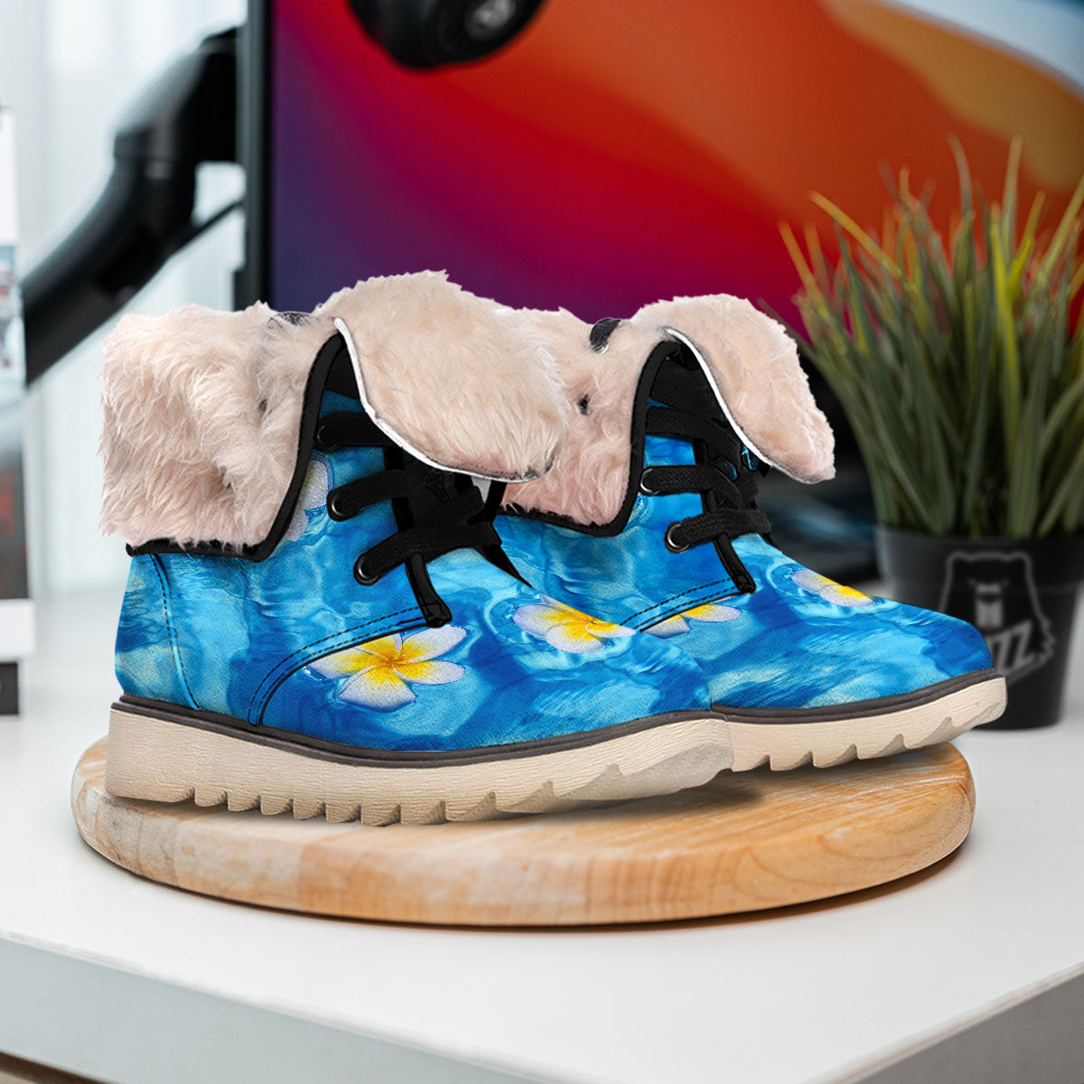 Yellow And White Plumeria In Water Print Snow Boots-grizzshop
