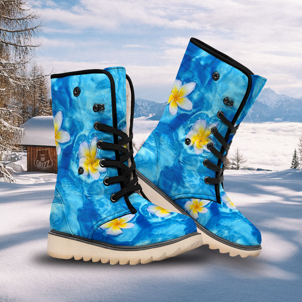 Yellow And White Plumeria In Water Print Snow Boots-grizzshop