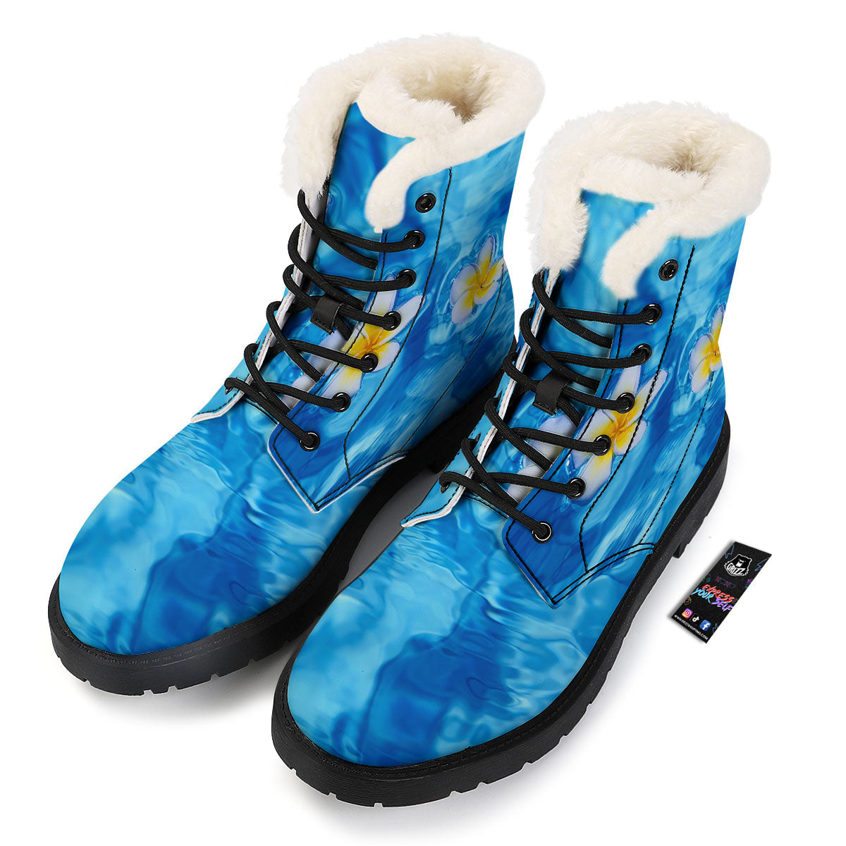 Yellow And White Plumeria In Water Print Winter Boots-grizzshop