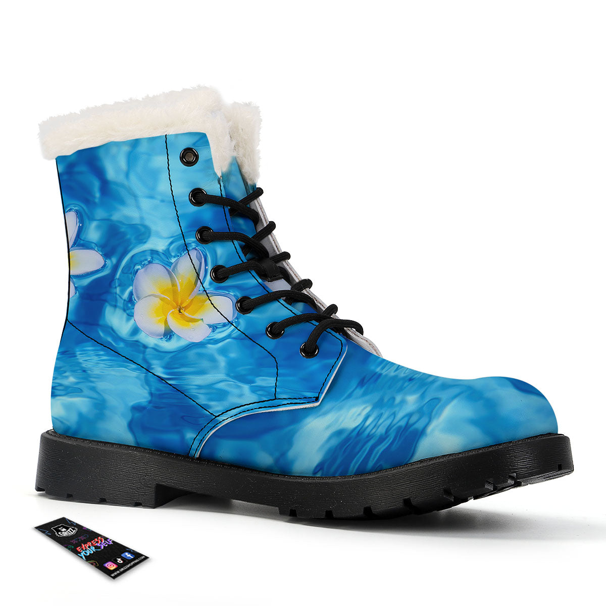 Yellow And White Plumeria In Water Print Winter Boots-grizzshop