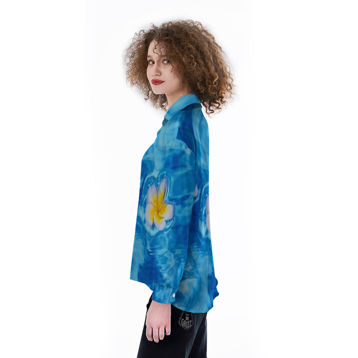 Yellow And White Plumeria In Water Print Women's Long Sleeve Shirts-grizzshop