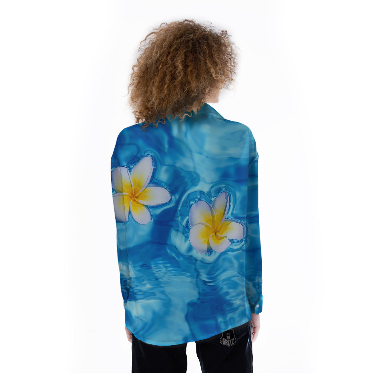 Yellow And White Plumeria In Water Print Women's Long Sleeve Shirts-grizzshop