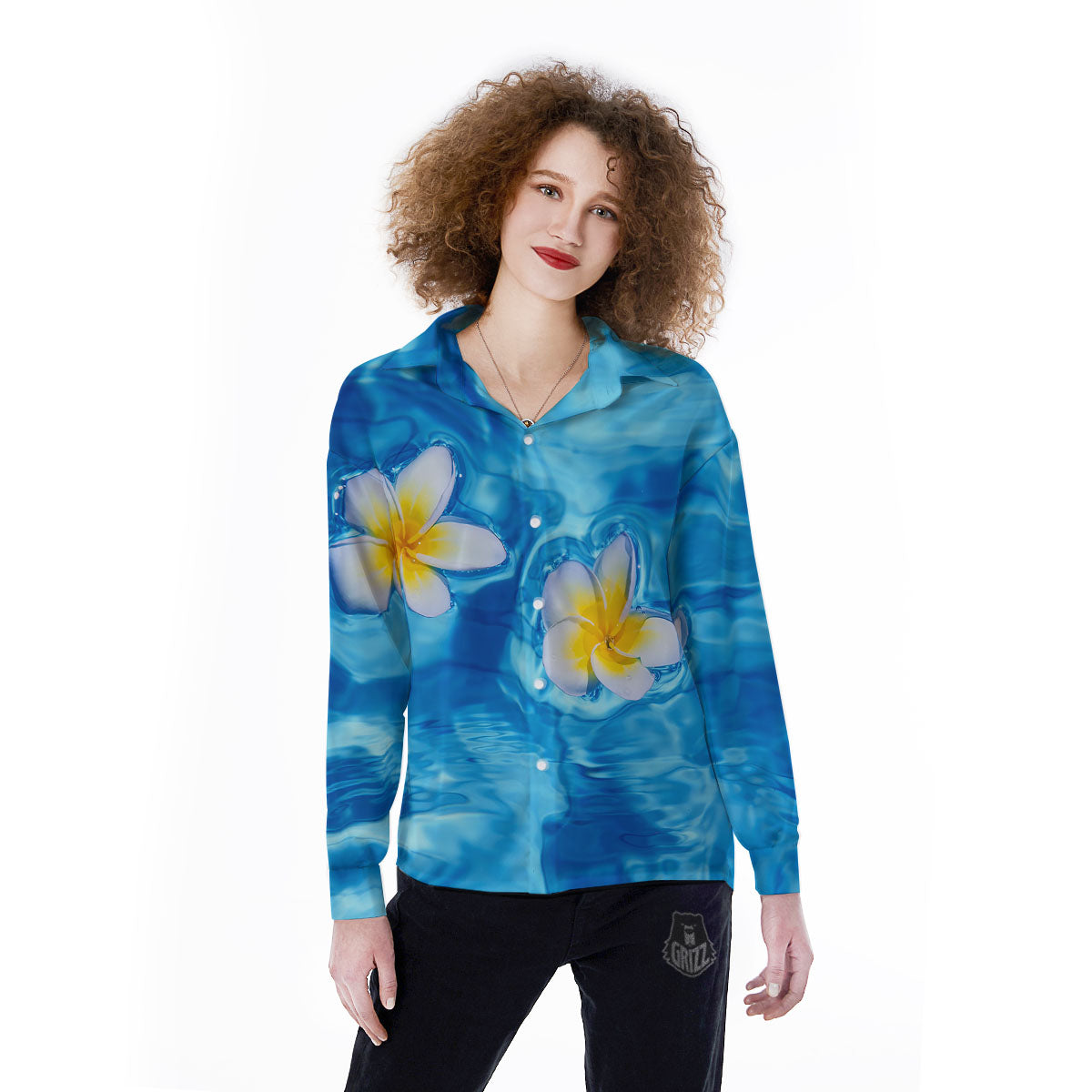 Yellow And White Plumeria In Water Print Women's Long Sleeve Shirts-grizzshop
