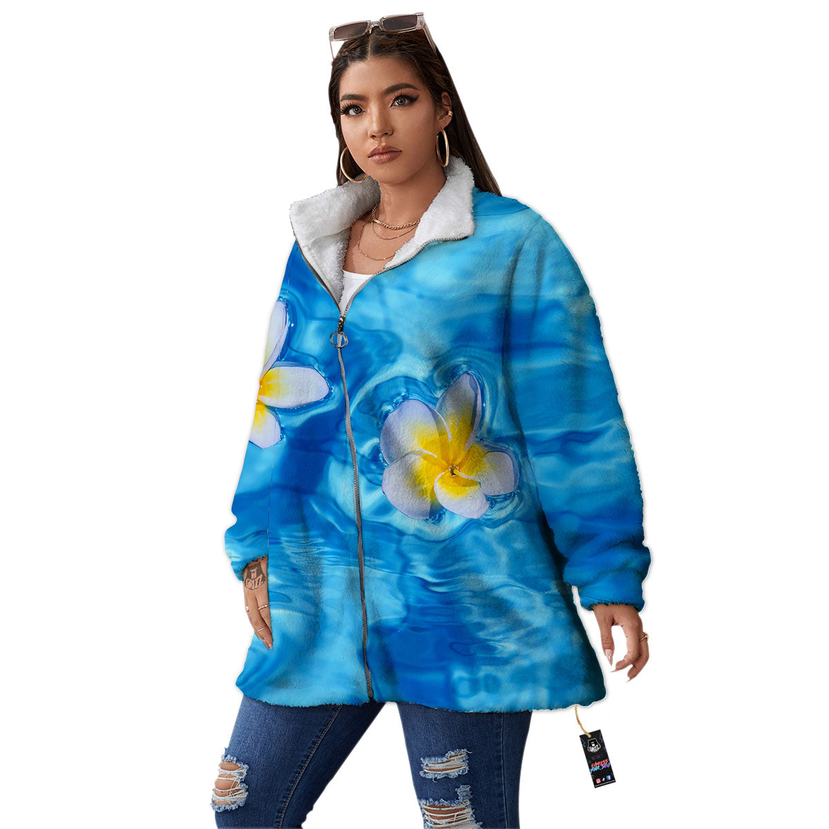 Yellow And White Plumeria In Water Print Women's Sherpa Jacket-grizzshop
