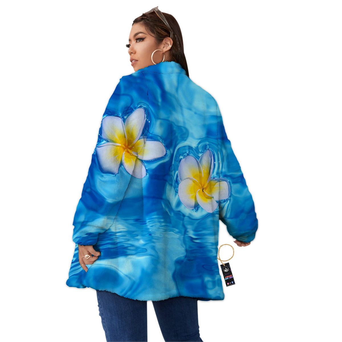 Yellow And White Plumeria In Water Print Women's Sherpa Jacket-grizzshop