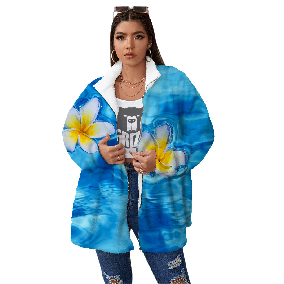 Yellow And White Plumeria In Water Print Women's Sherpa Jacket-grizzshop