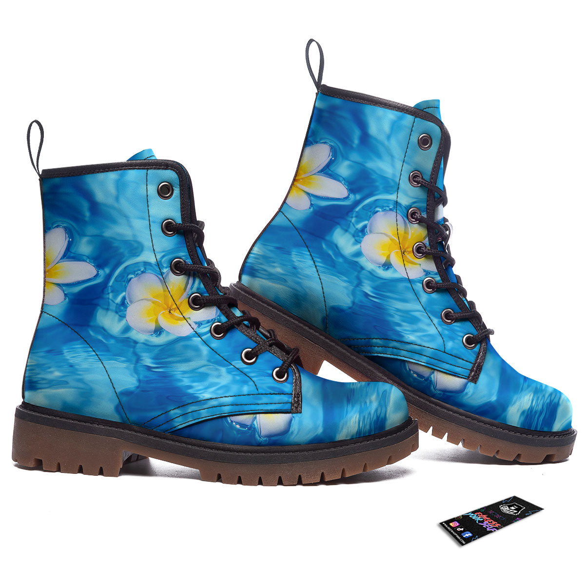 Yellow And White Plumeria In Water Print Work Boots-grizzshop