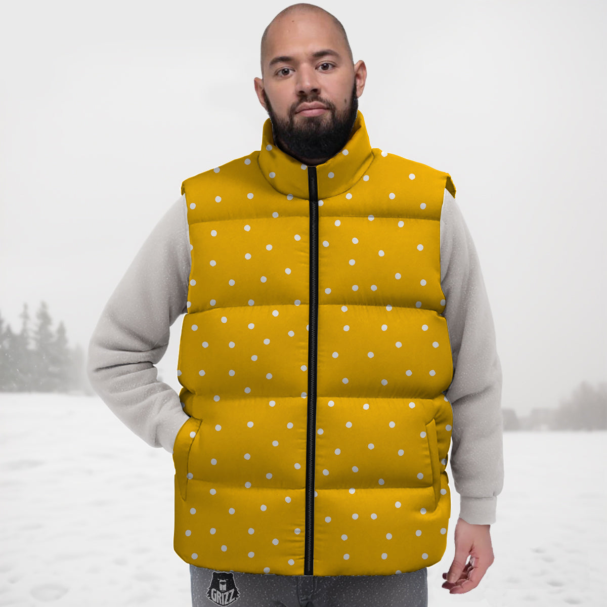 Yellow And White Polka Dot Print Pattern Down Vest