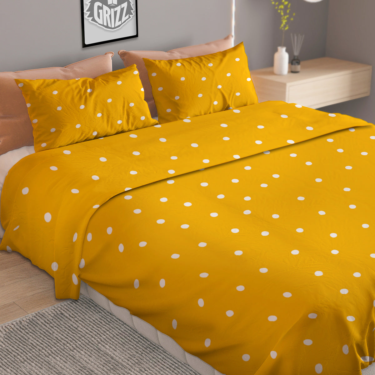 Yellow And White Polka Dot Print Pattern Duvet Cover Bedding Set