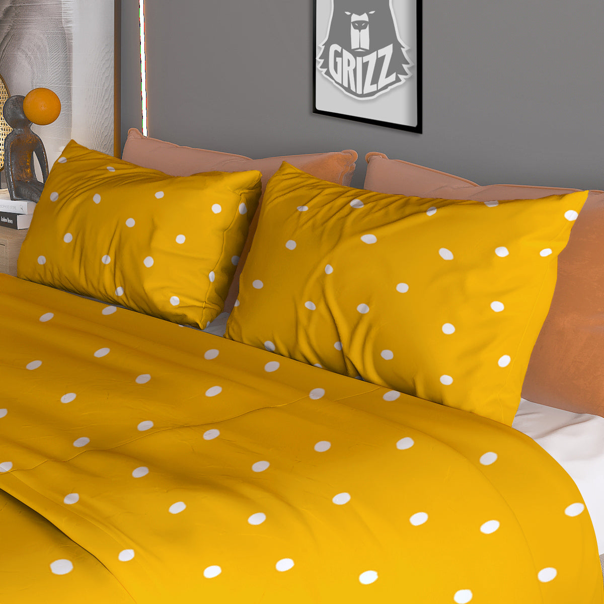 Yellow And White Polka Dot Print Pattern Duvet Cover Bedding Set