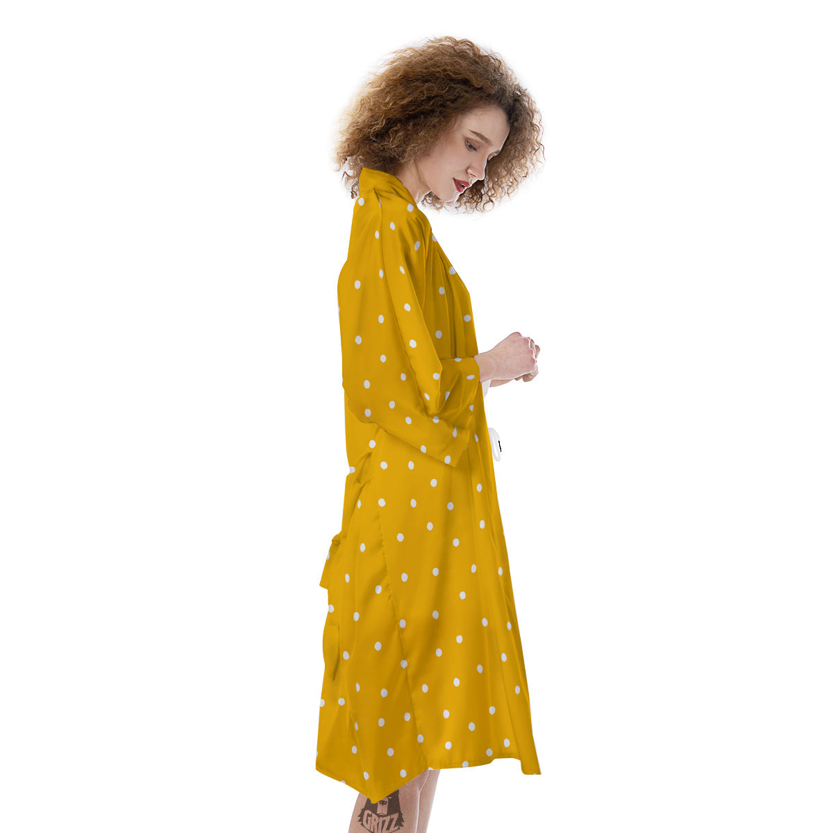 Yellow And White Polka Dot Print Pattern Kimono-grizzshop