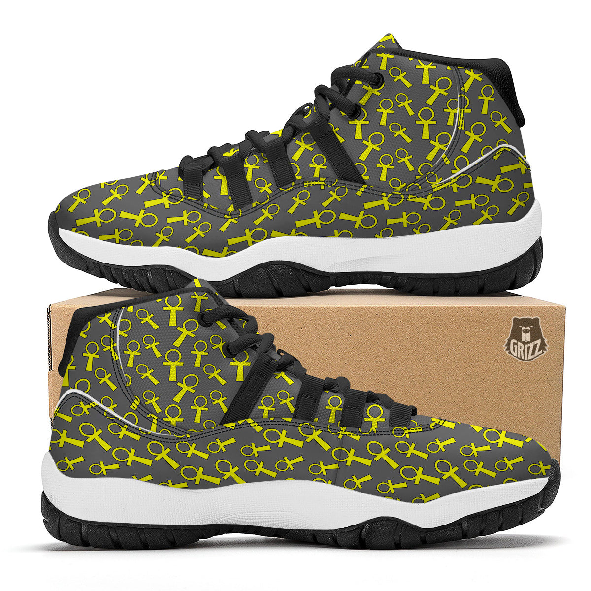 Yellow Ankh Print Pattern Black Bball Shoes-grizzshop