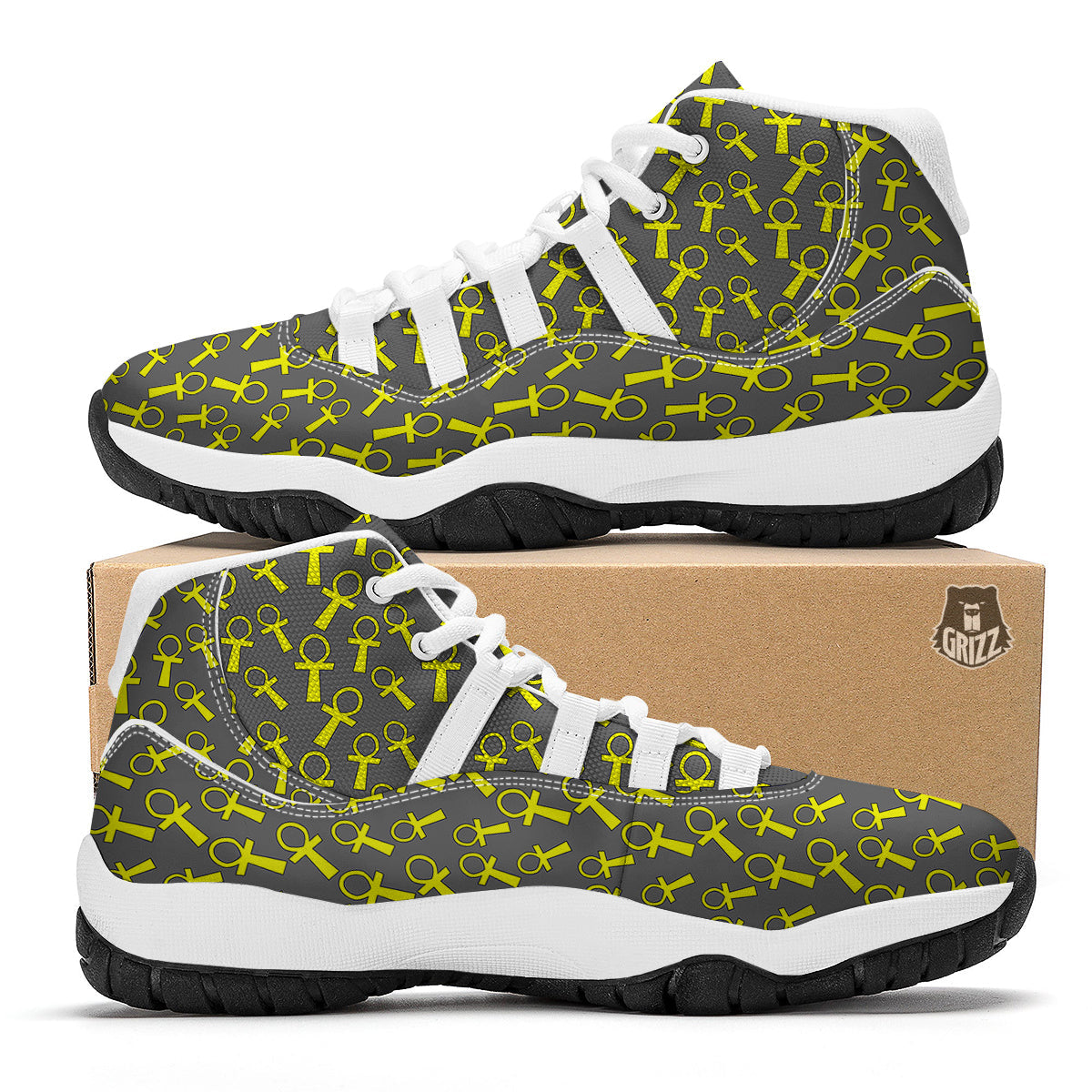 Yellow Ankh Print Pattern White Bball Shoes-grizzshop
