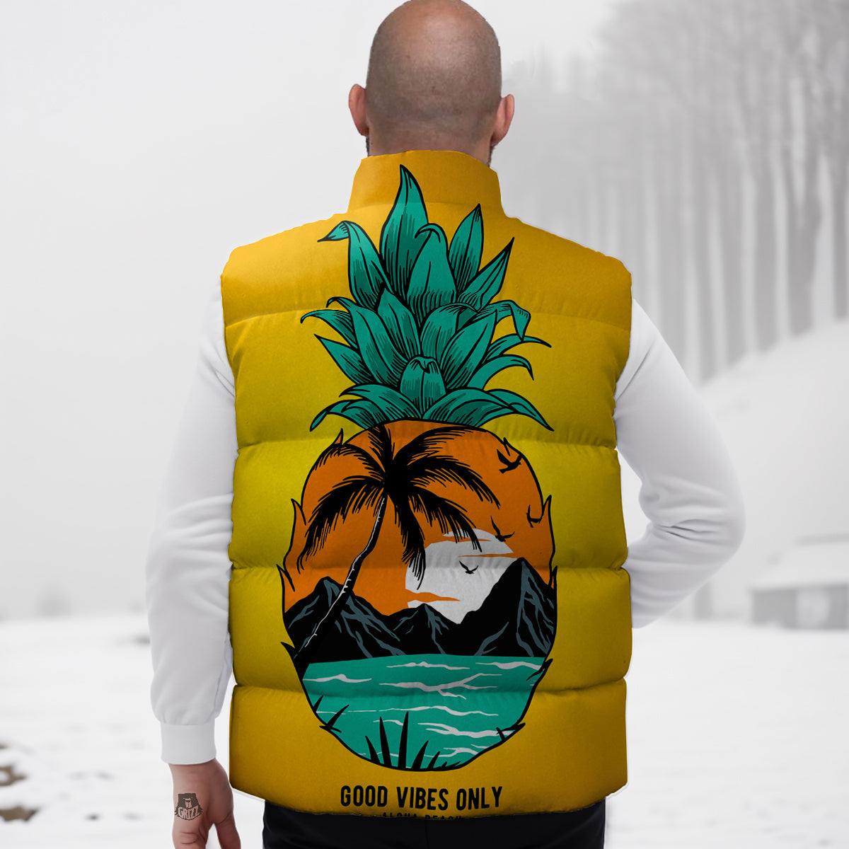 Yellow Pineapple Aloha Tropical Island Print Down Vest