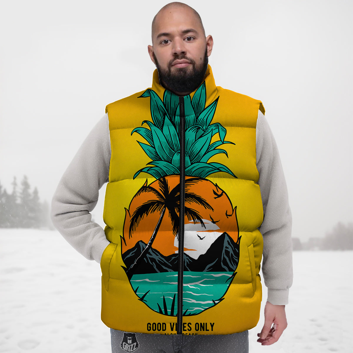 Yellow Pineapple Aloha Tropical Island Print Down Vest