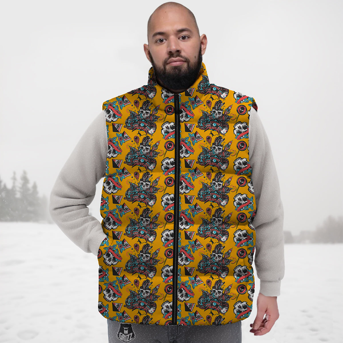 Yellow Banana Pattern Print Down Vest-grizzshop